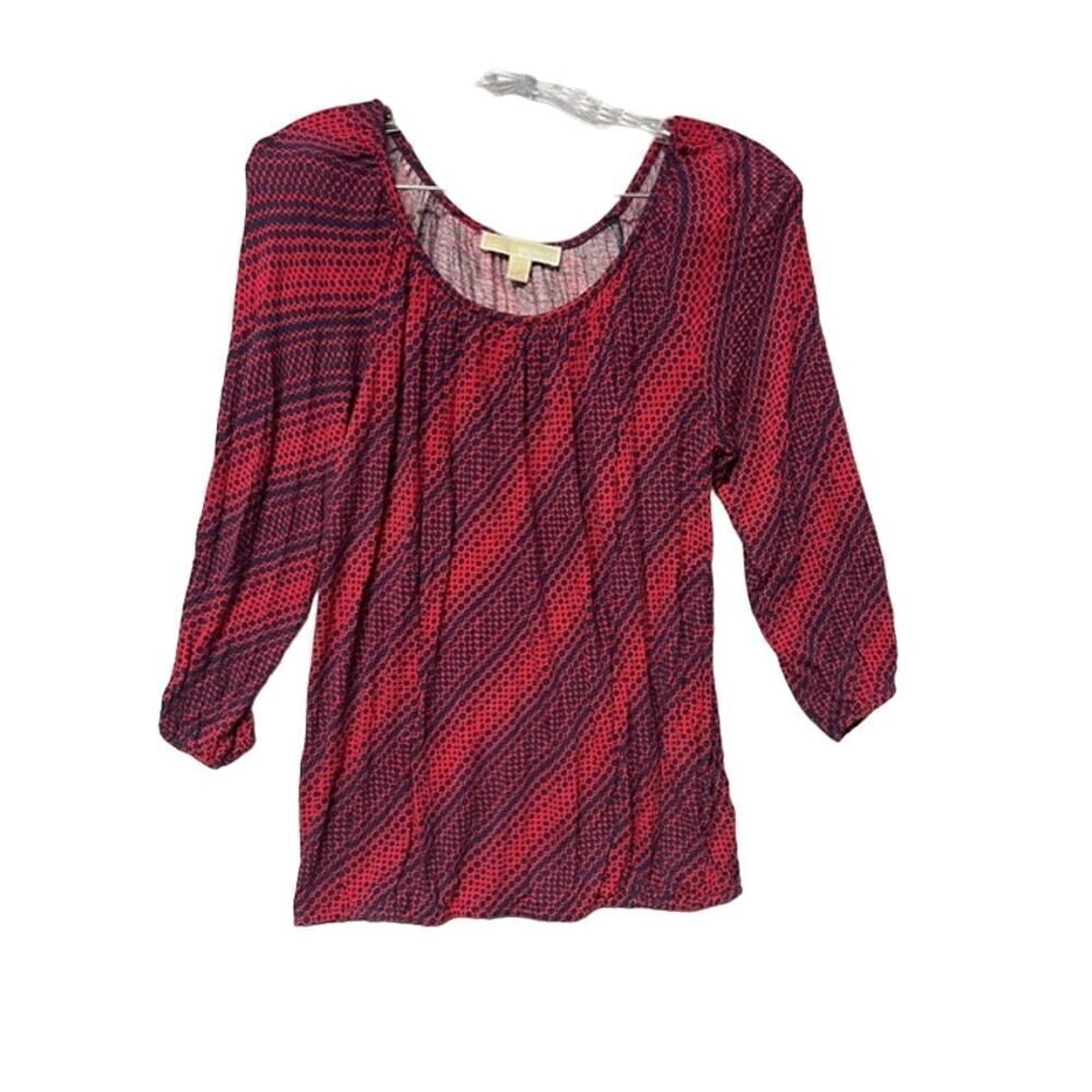 Michael Kors Red & Navy Blue Polka Dot Patterned 3/4 Sleeve Shirt, Size S